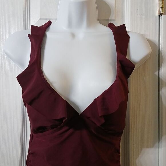Kona Sol  deep wine ruffle v neck ruched bathing suit swim suit  Sz S NWOT - Picture 3 of 6